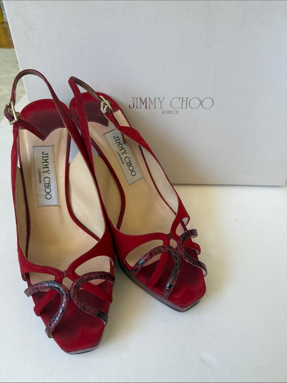 Jimmy Choo Red Suede Peep-Toe Slingback Heels with Snake-Print Trim